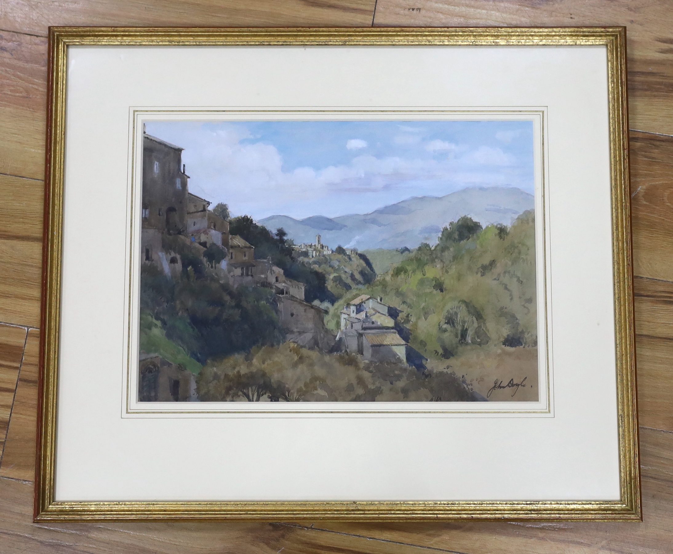 John Doyle (b.1928), gouache, Tuscan mountainous landscape with villas, signed, 30 x 42cm